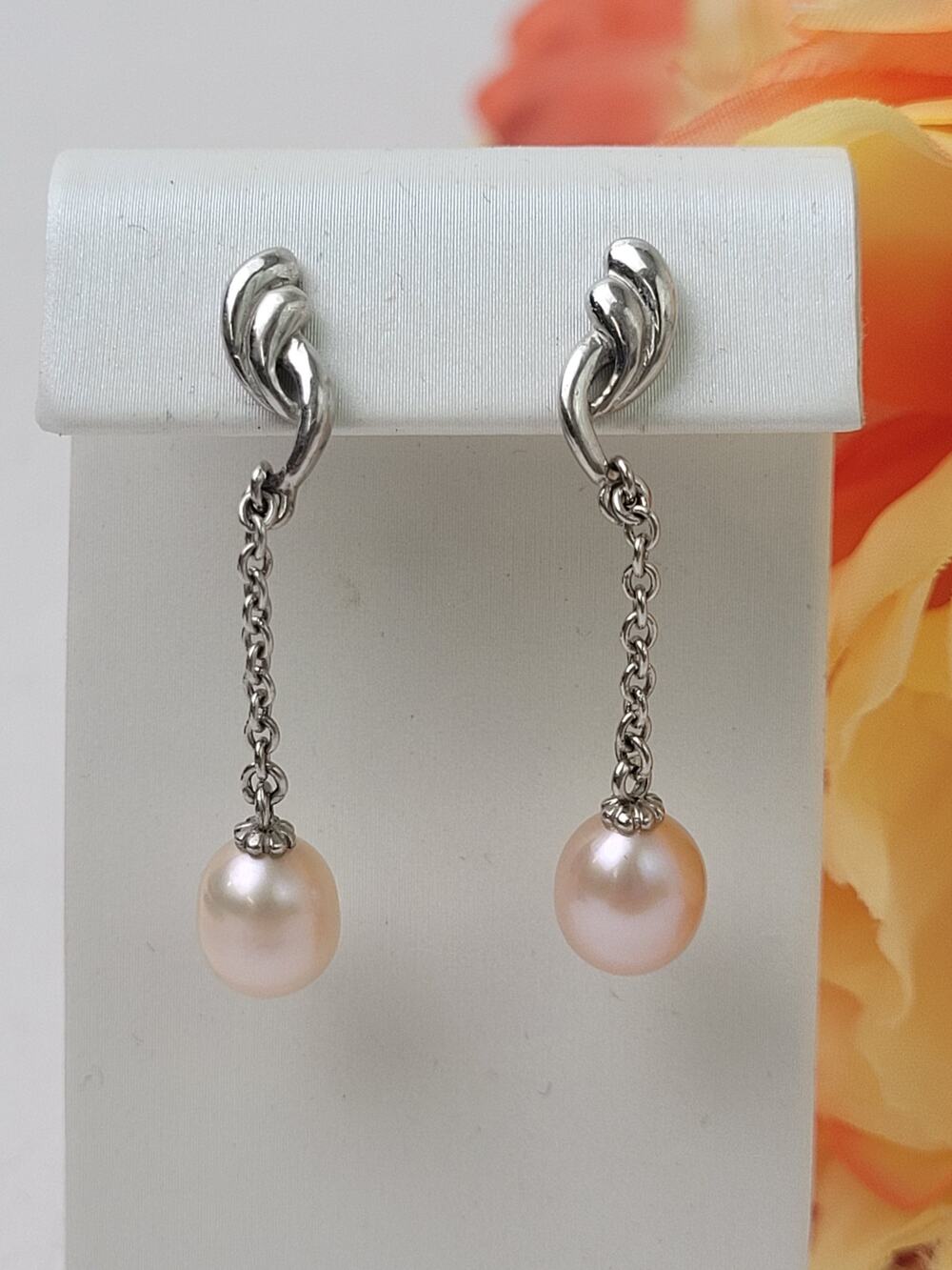 VTG Sterling Silver Drop Dangle Earrings Pink Freshwater Pearls & Chain | 42mm L